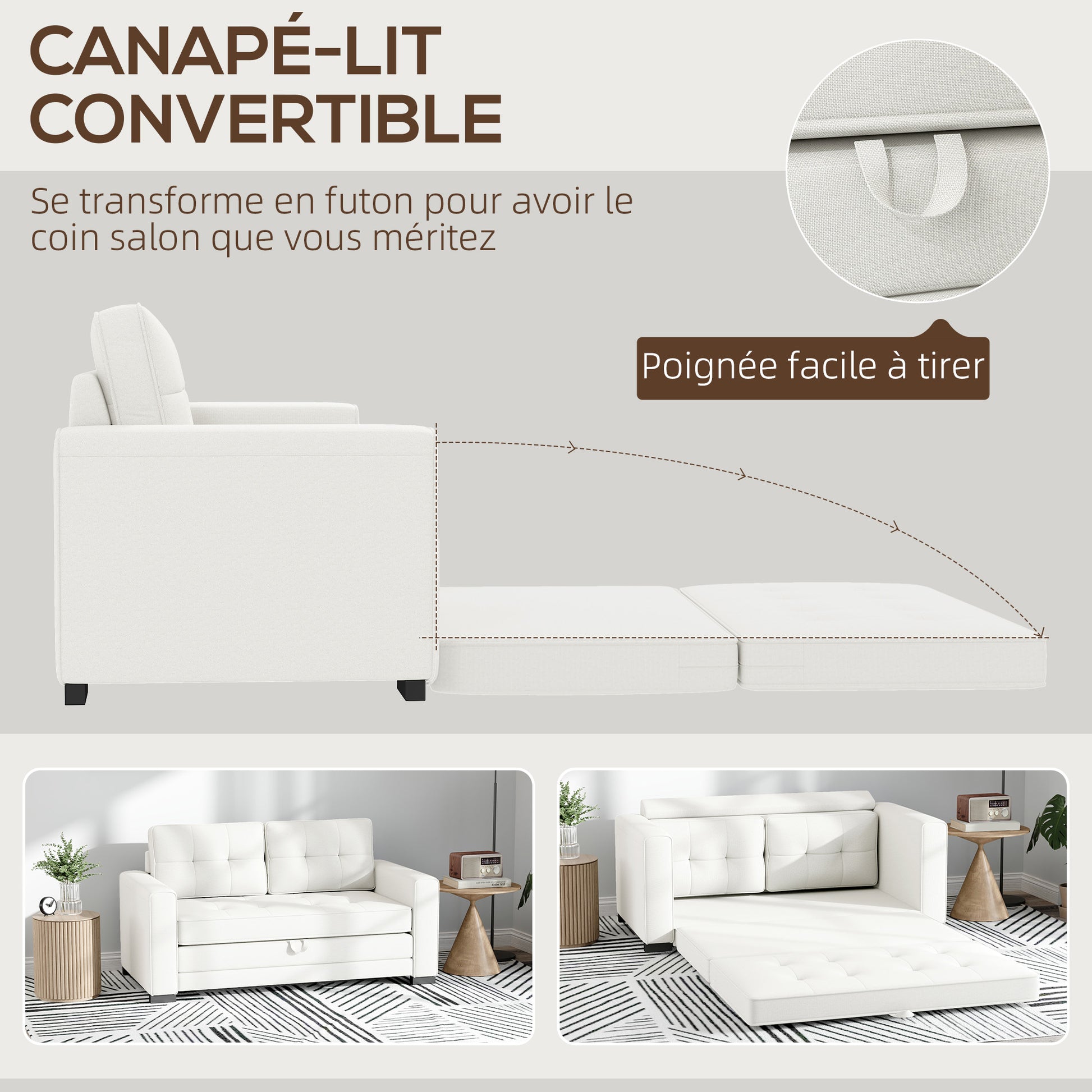 2-Seater Convertible Sofa Bed with Tufted Backrest, Cushions, and Foldable Mattress on Floor, Linen Effect Fabric Sofa for Living Room, Guest Room, 147.5 x 75 x 85 cm, White