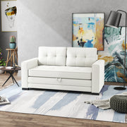 2-Seater Convertible Sofa Bed with Tufted Backrest, Cushions, and Foldable Mattress on Floor, Linen Effect Fabric Sofa for Living Room, Guest Room, 147.5 x 75 x 85 cm, White