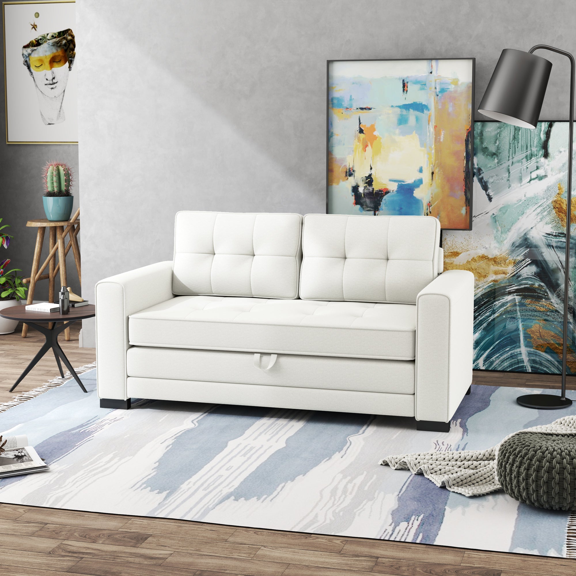 2-Seater Convertible Sofa Bed with Tufted Backrest, Cushions, and Foldable Mattress on Floor, Linen Effect Fabric Sofa for Living Room, Guest Room, 147.5 x 75 x 85 cm, White