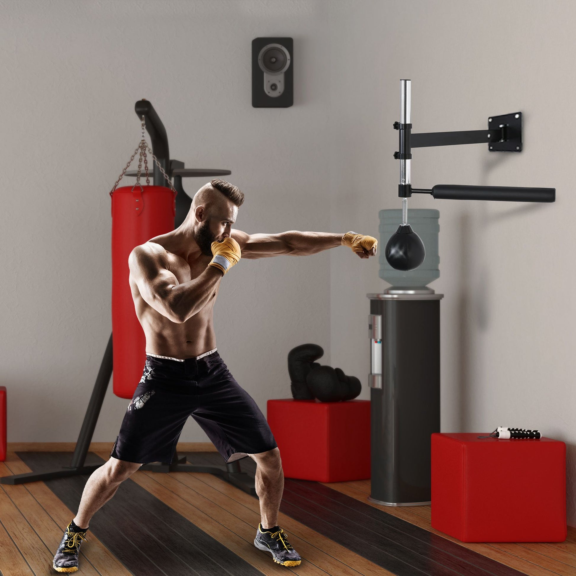Box Frame Boxing Training Wall Mount Foldable with Rotating Reflex Bar Speedball Height Adjustable for Teens and Adults