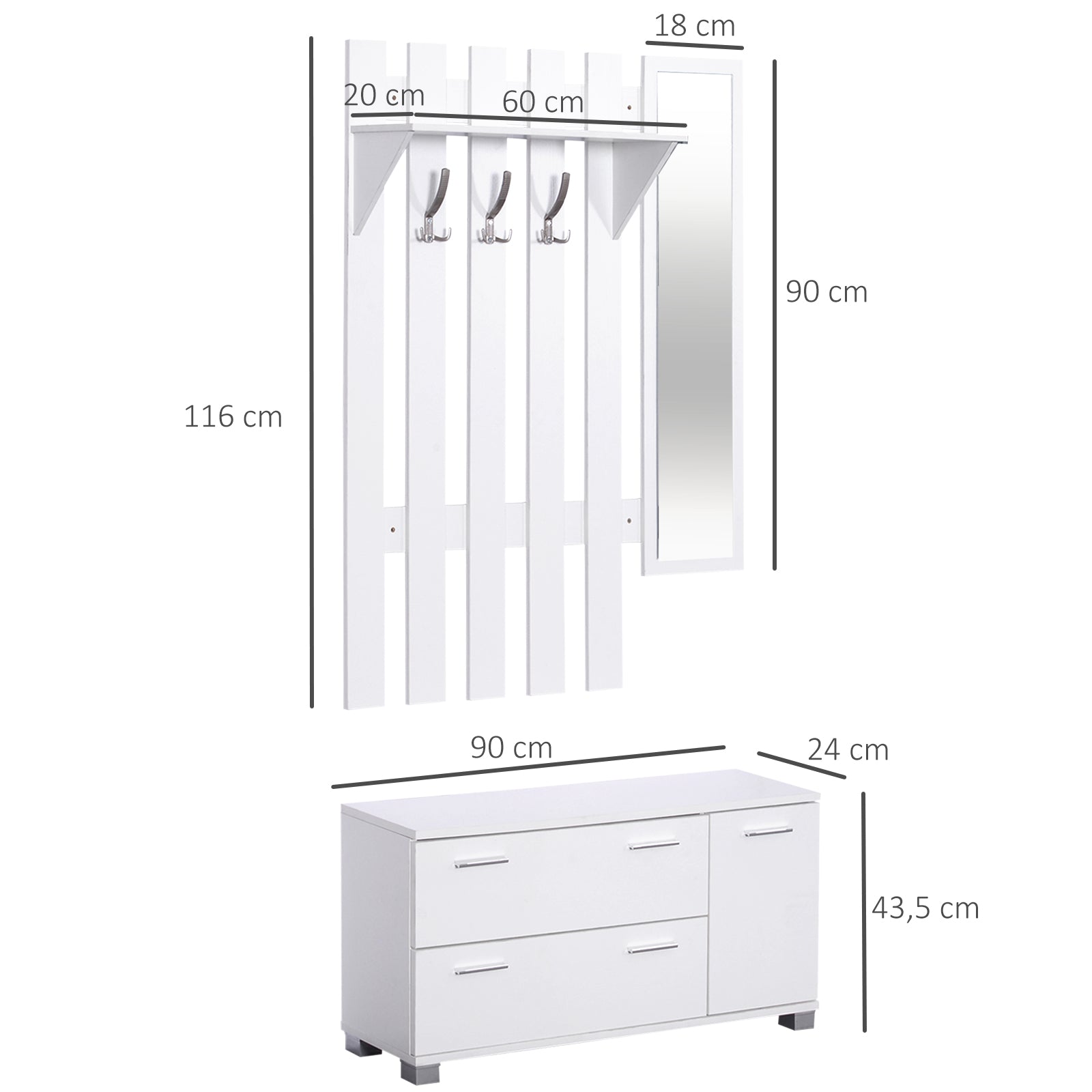 Entryway Set with Mirror Coat Rack and Shoe Cabinet Entryway Furniture with 3 Hooks Shelf and 2 Drawers for Hallway White