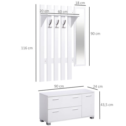 Entryway Set with Mirror Coat Rack and Shoe Cabinet Entryway Furniture with 3 Hooks Shelf and 2 Drawers for Hallway White