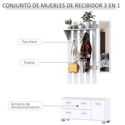 Entryway Set with Mirror Coat Rack and Shoe Cabinet Entryway Furniture with 3 Hooks Shelf and 2 Drawers for Hallway White