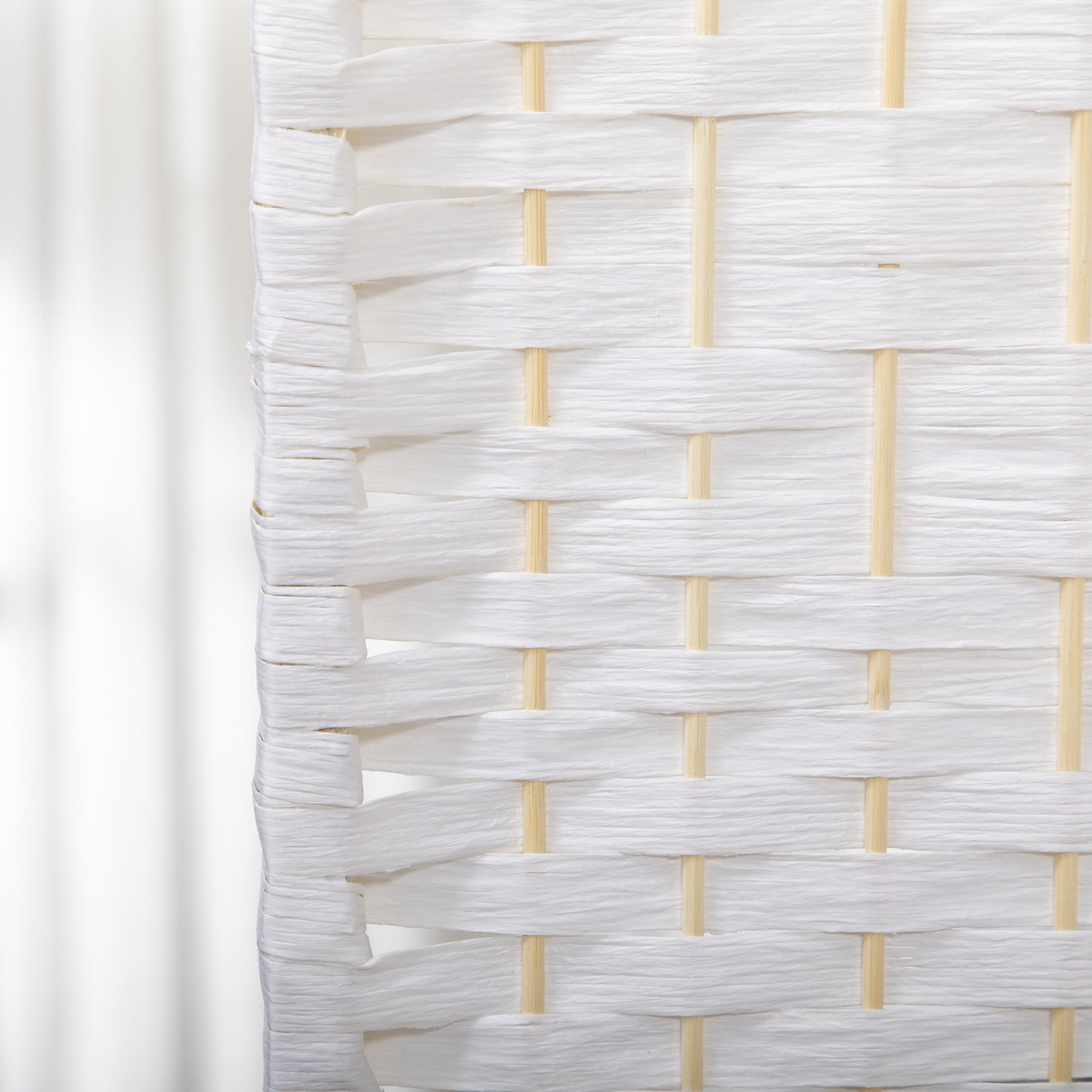 4 Panel Room Divider 160x170 cm Folding Room Separator with Paper Rope and Wood Frame Decoration for Bedroom Living Room White