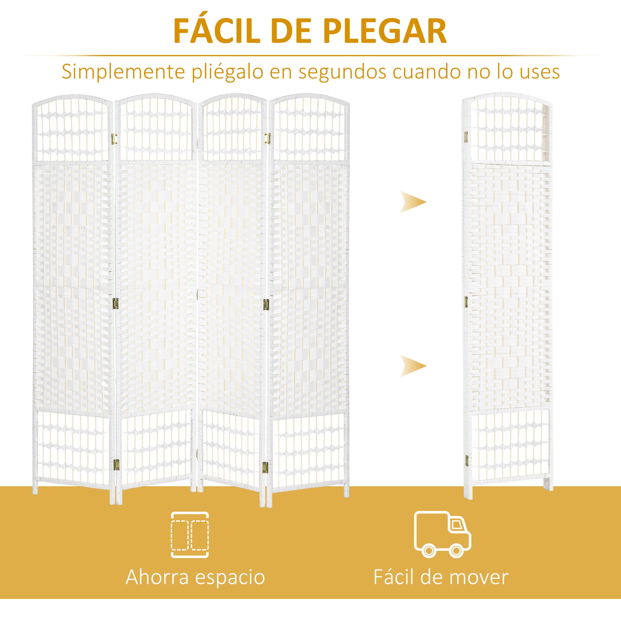 4 Panel Room Divider 160x170 cm Folding Room Separator with Paper Rope and Wood Frame Decoration for Bedroom Living Room White