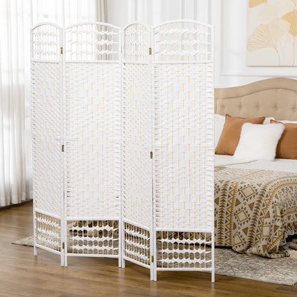 4 Panel Room Divider 160x170 cm Folding Room Separator with Paper Rope and Wood Frame Decoration for Bedroom Living Room White