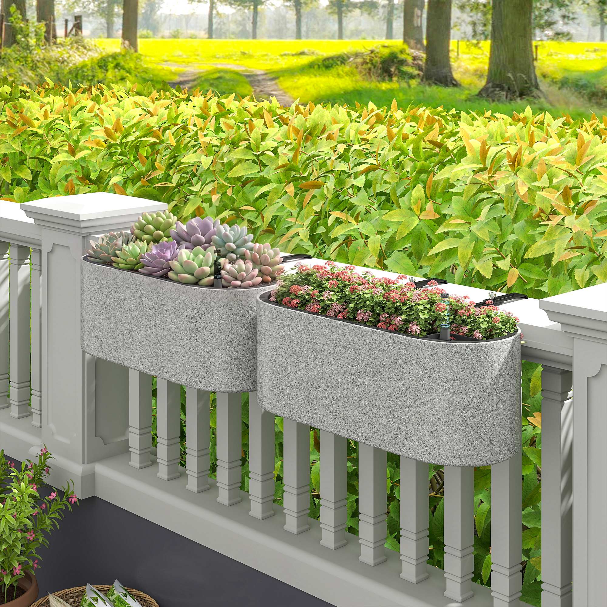 2-Pack Hanging Oval Planters with Self-Watering System, Drain Plug & Hooks — 42 x 16 x 15 cm (16.5 x 6.3 x 5.9 in), Light Gray