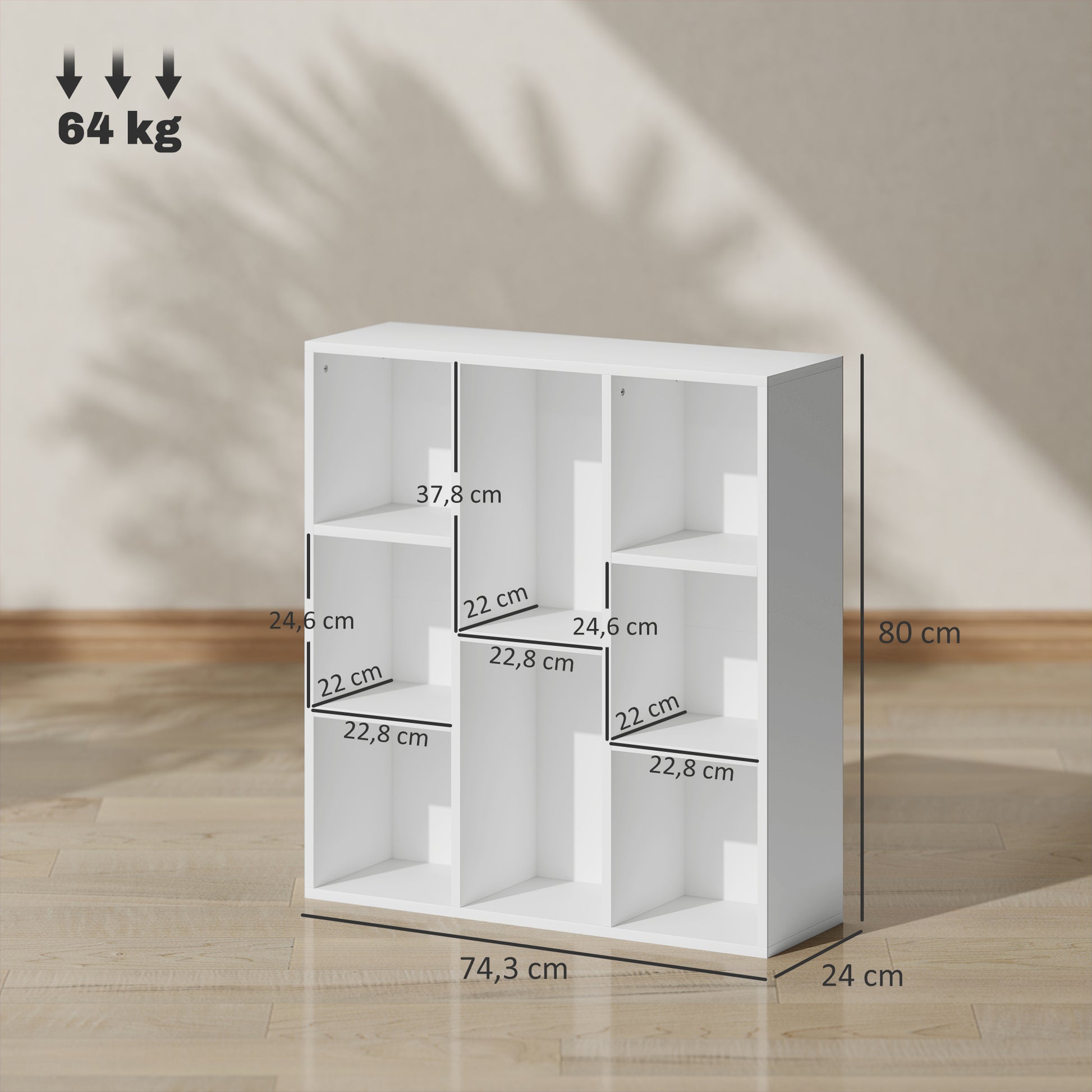 3-Tier Bookshelf with 8 Compartments Vertical or Horizontal Design for Living Room Office Bedroom 74.3x24x80 cm White