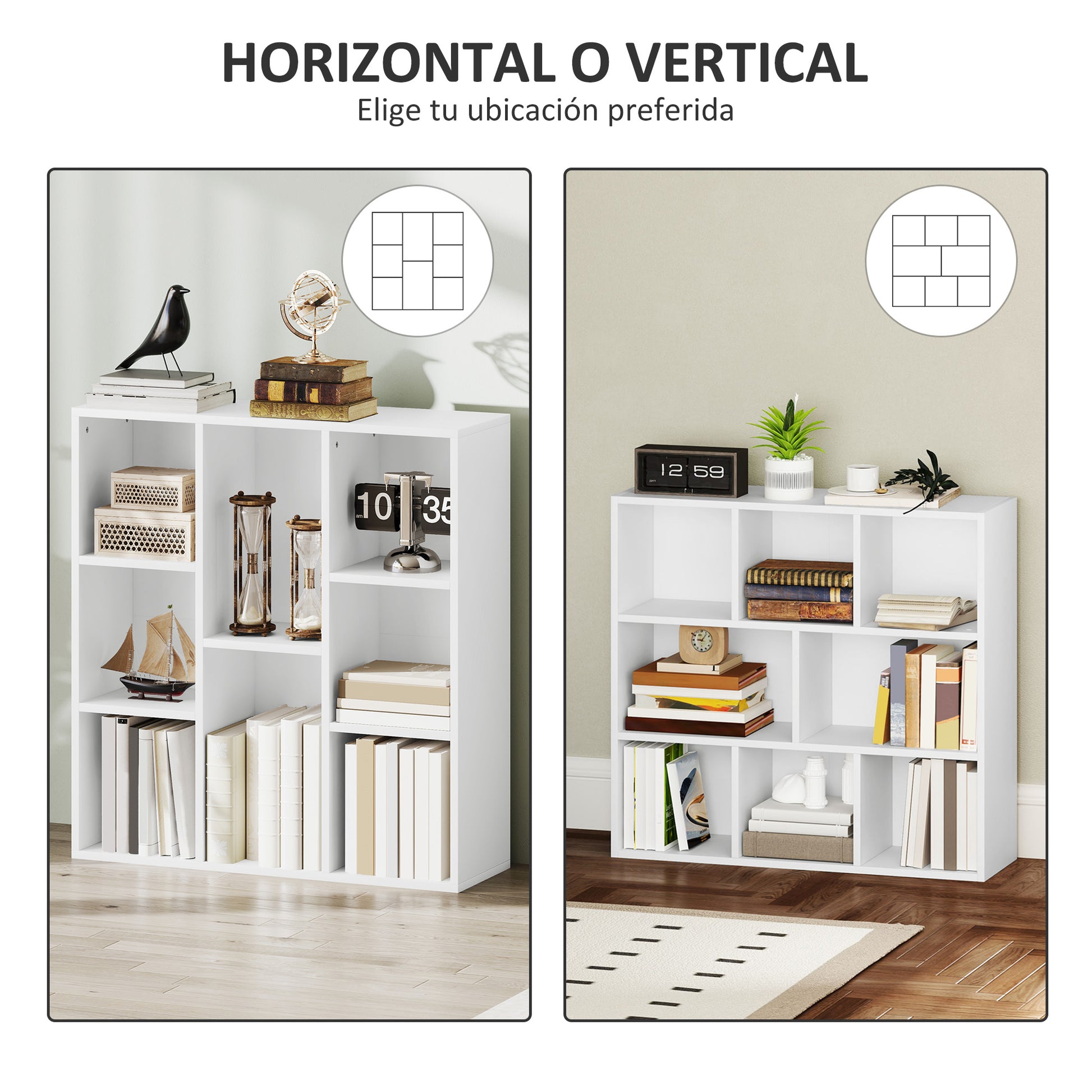 3-Tier Bookshelf with 8 Compartments Vertical or Horizontal Design for Living Room Office Bedroom 74.3x24x80 cm White