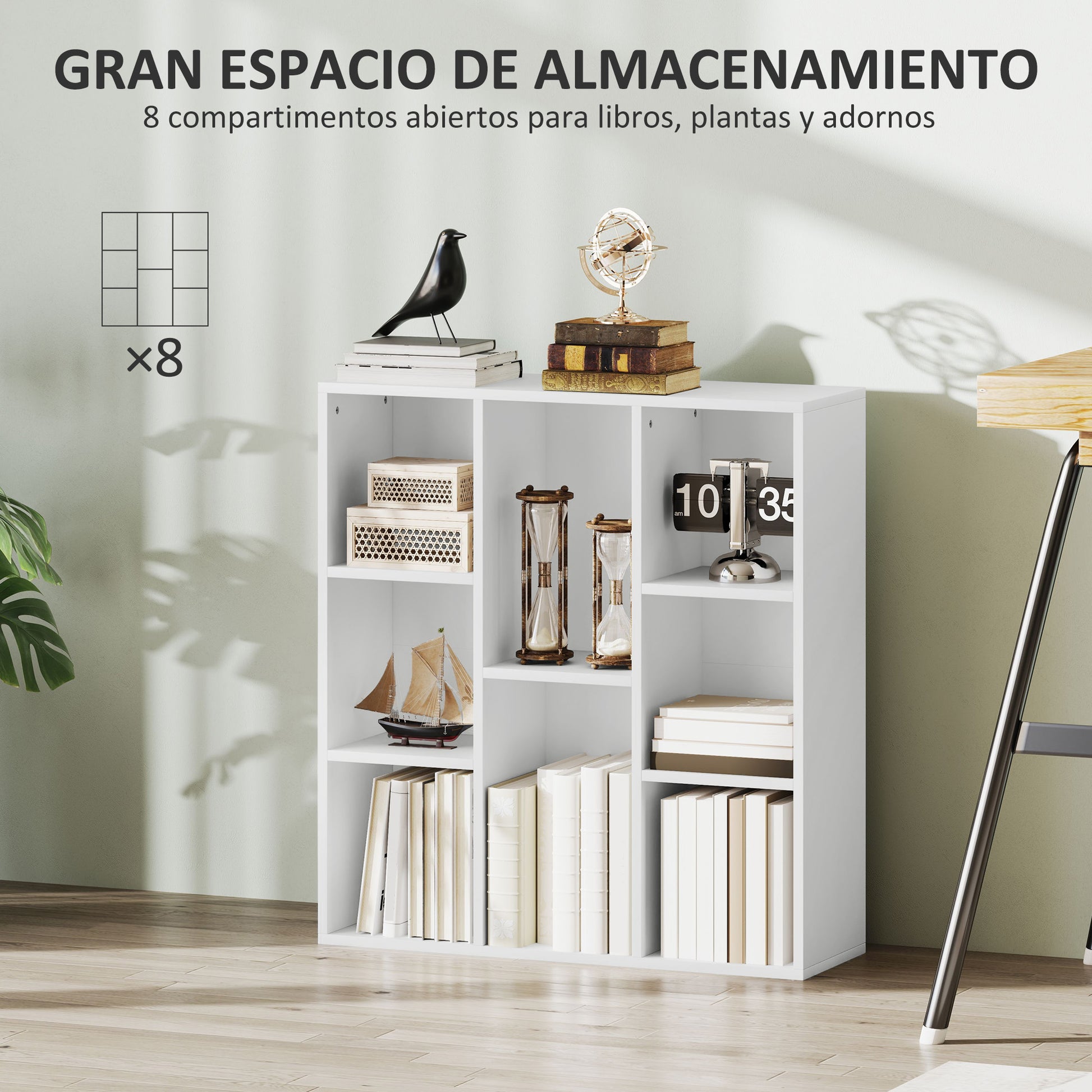3-Tier Bookshelf with 8 Compartments Vertical or Horizontal Design for Living Room Office Bedroom 74.3x24x80 cm White