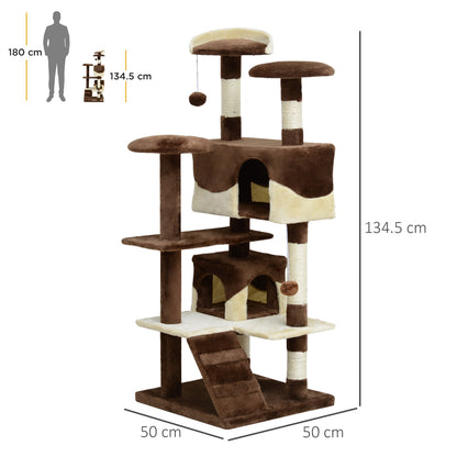 Plush and Sisal Cat Scratching Post Tree with Beds and Hanging Ball 50x50x134.5cm Coffee and Cream