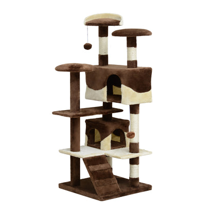 Plush and Sisal Cat Scratching Post Tree with Beds and Hanging Ball 50x50x134.5cm Coffee and Cream
