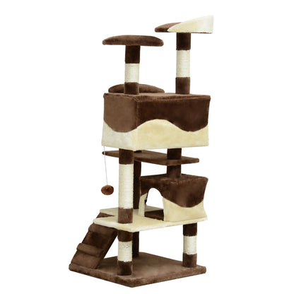 Plush and Sisal Cat Scratching Post Tree with Beds and Hanging Ball 50x50x134.5cm Coffee and Cream