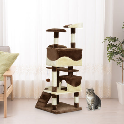 Plush and Sisal Cat Scratching Post Tree with Beds and Hanging Ball 50x50x134.5cm Coffee and Cream
