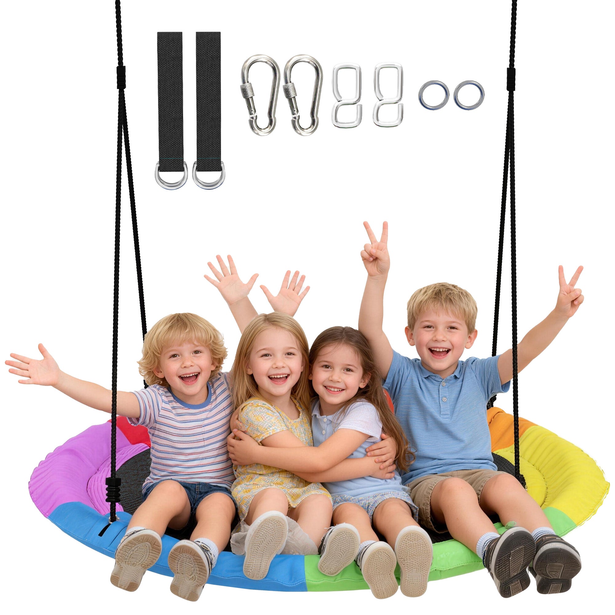 Adjustable 47" Nest Swing — 661 lb Capacity, Adjustable Ropes & Tree Straps, Disc Swing for Kids Ages 3–8, Indoor/Outdoor, Multicolored