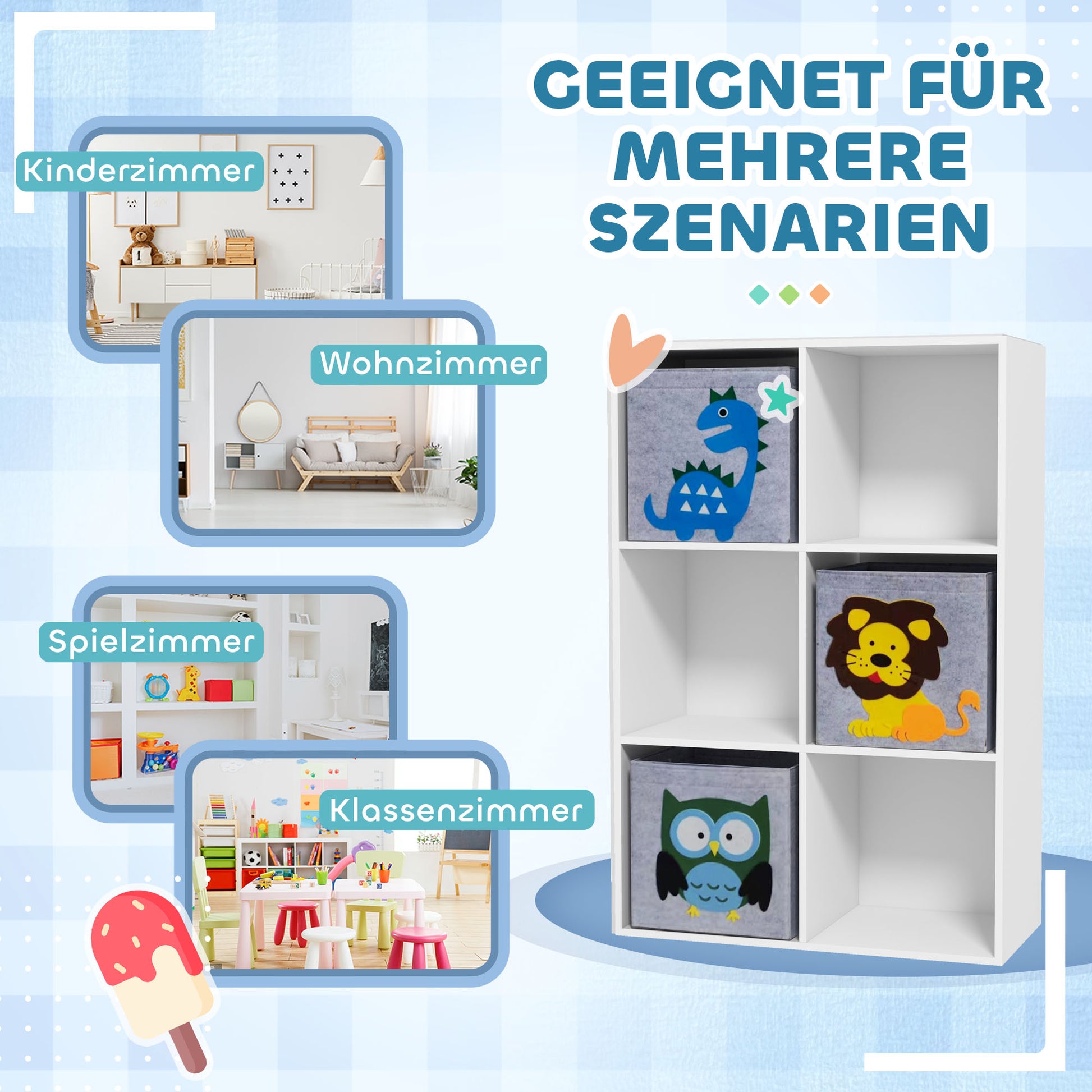 ZONEKIZ Children's Shelf Bookshelf with 3 Storage Boxes Kids Room Shelf Toy Shelf for Children's Room White+Grey 61.8 x 29.9 x 91.5 cm