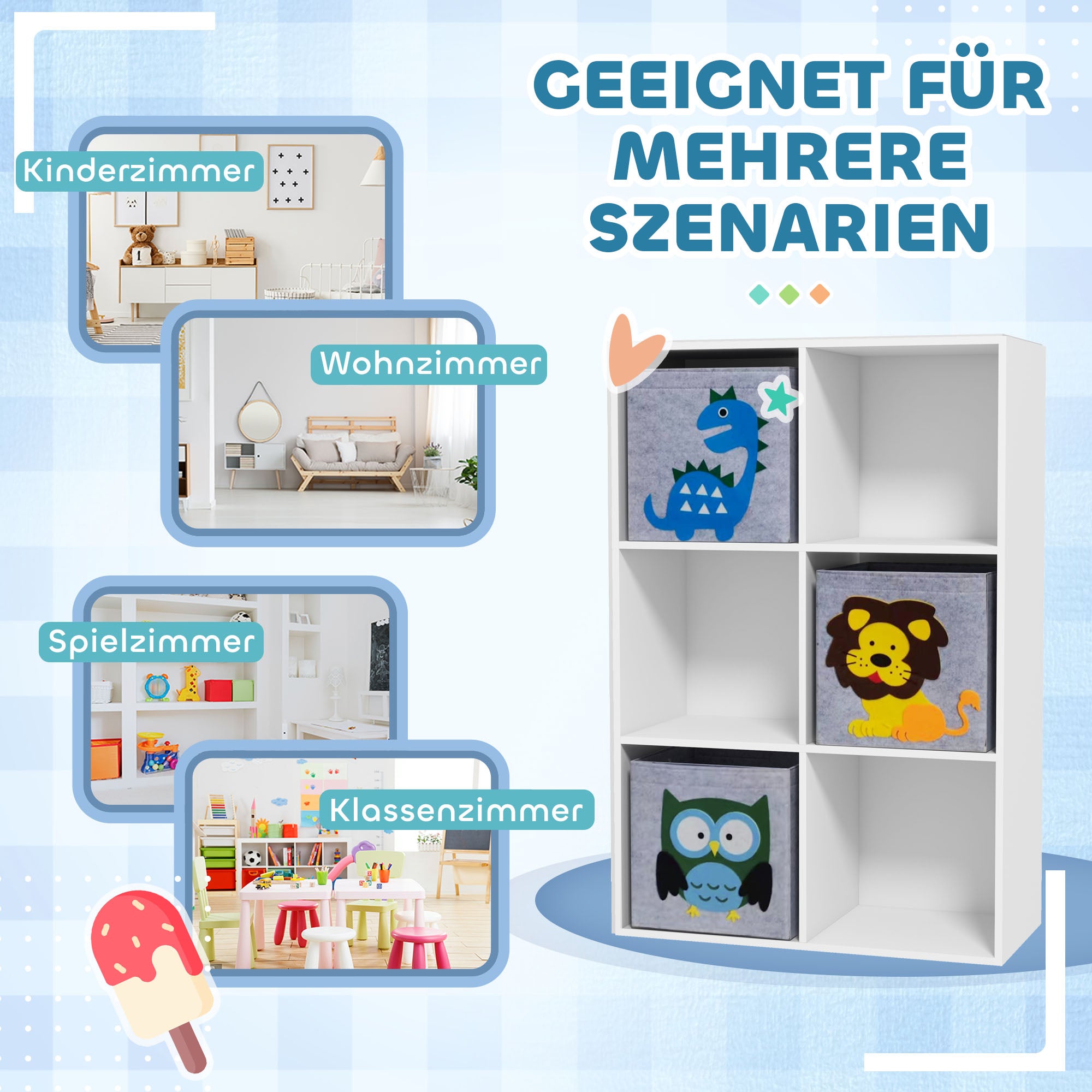 ZONEKIZ Children's Shelf Bookshelf with 3 Storage Boxes Kids Room Shelf Toy Shelf for Children's Room White+Grey 61.8 x 29.9 x 91.5 cm