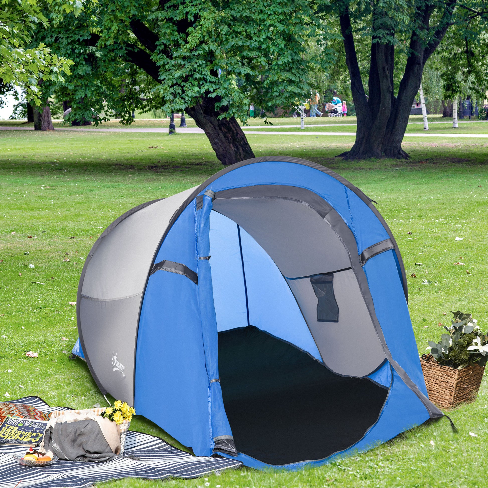 Instant Setup Pop-Up Tent - 2-Person Camping Tent - 1 Door + 2 Windows - Dim. 2.2L x 1.08W x 1.1H m - Fiberglass Polyester Blue Gray