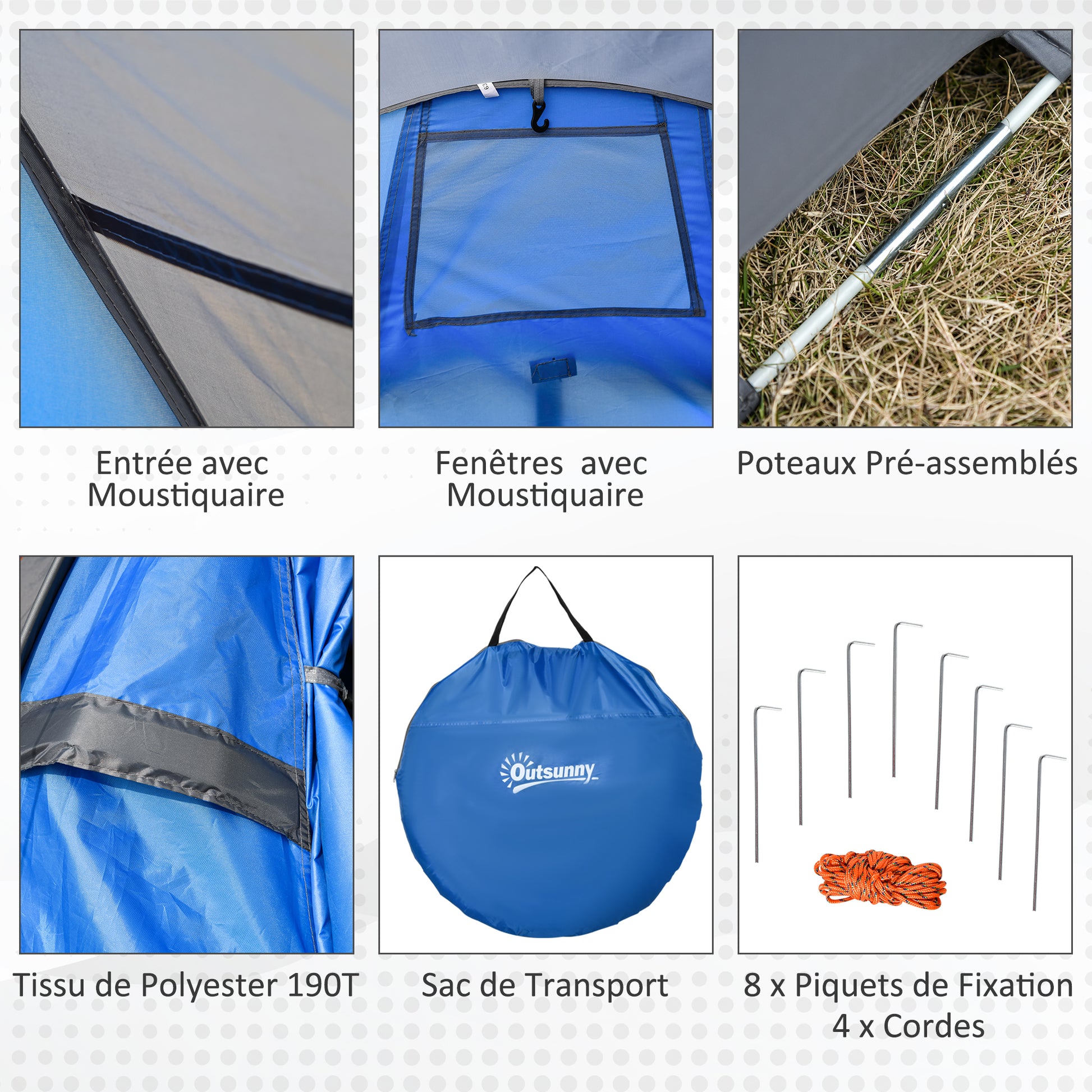 Instant Setup Pop-Up Tent - 2-Person Camping Tent - 1 Door + 2 Windows - Dim. 2.2L x 1.08W x 1.1H m - Fiberglass Polyester Blue Gray