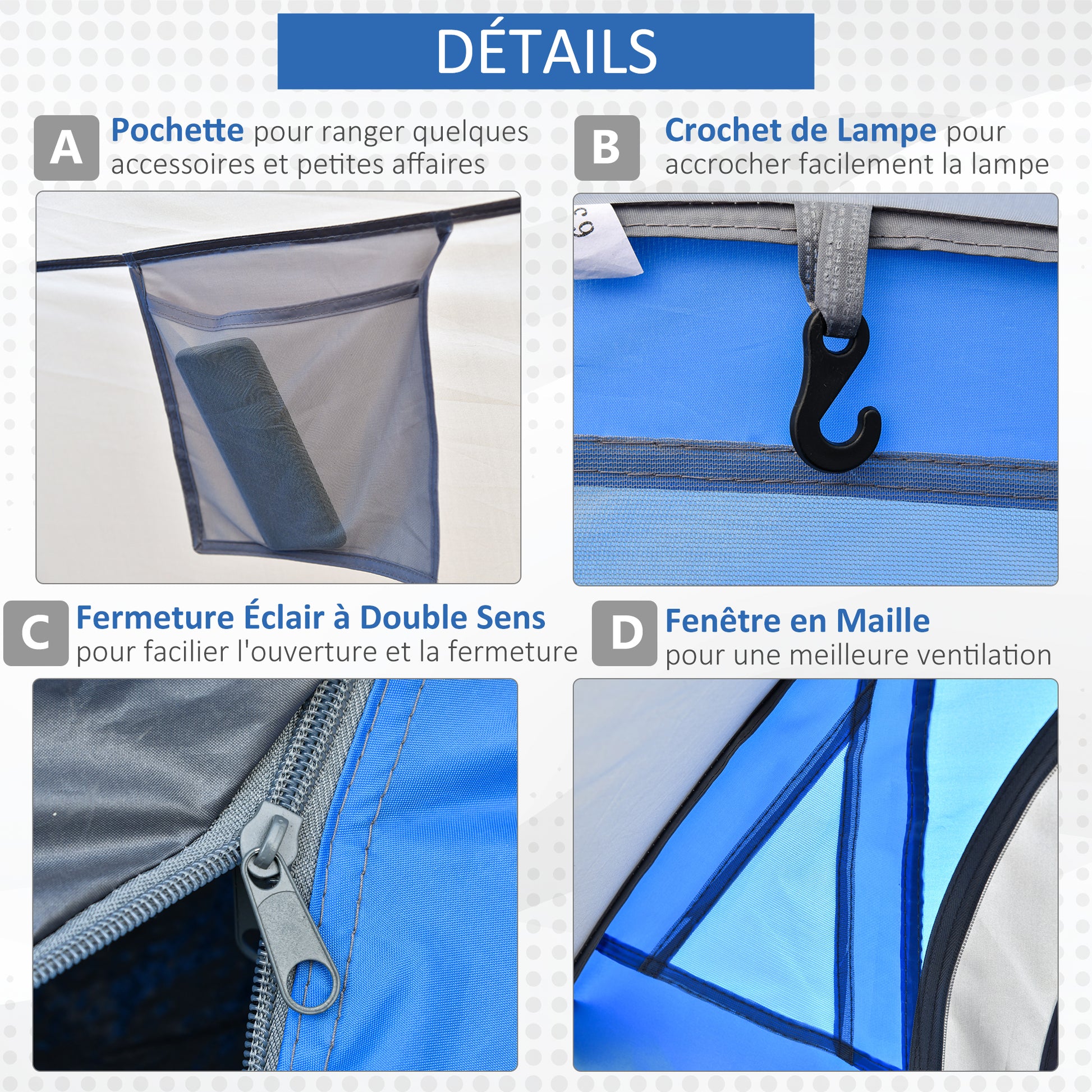 Instant Setup Pop-Up Tent - 2-Person Camping Tent - 1 Door + 2 Windows - Dim. 2.2L x 1.08W x 1.1H m - Fiberglass Polyester Blue Gray