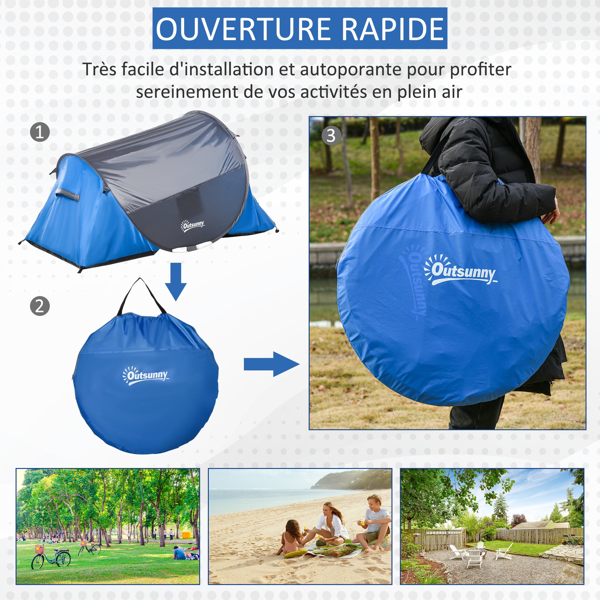 Instant Setup Pop-Up Tent - 2-Person Camping Tent - 1 Door + 2 Windows - Dim. 2.2L x 1.08W x 1.1H m - Fiberglass Polyester Blue Gray