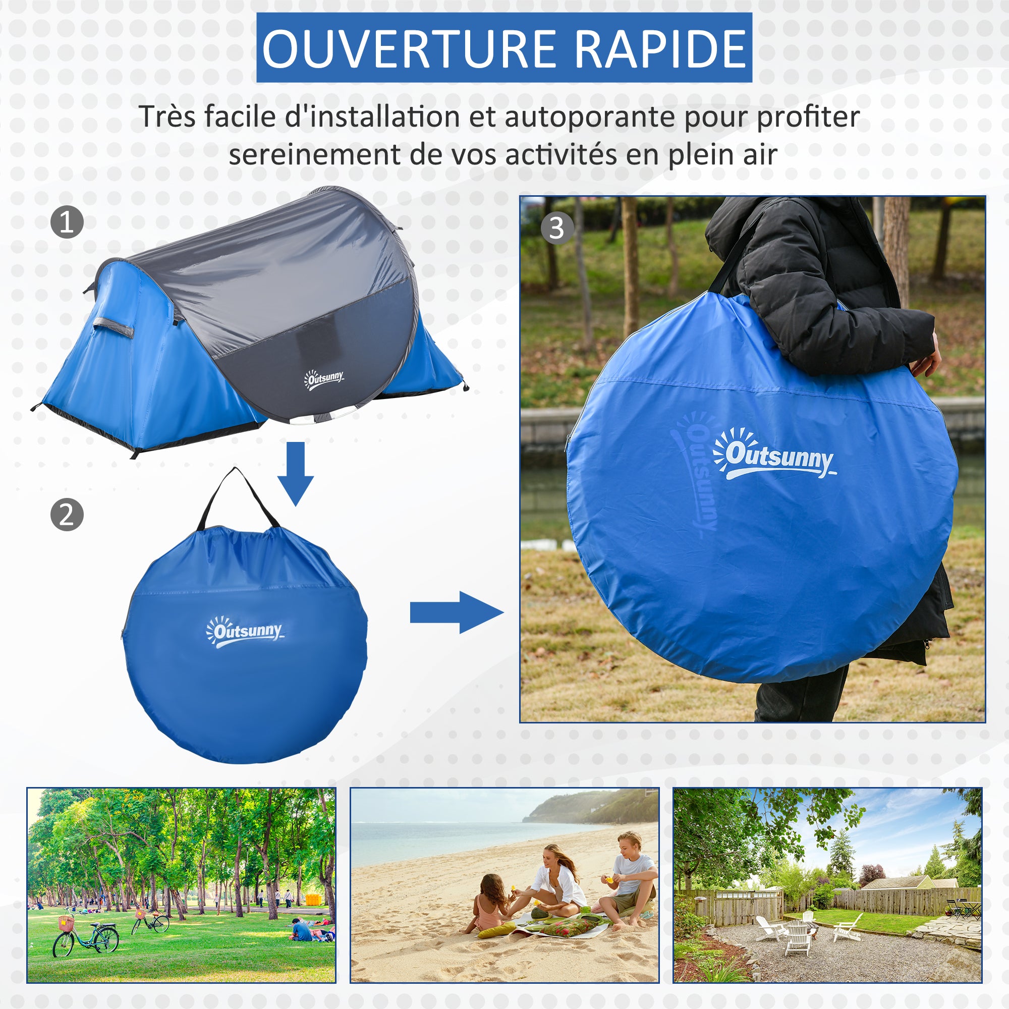 Instant Setup Pop-Up Tent - 2-Person Camping Tent - 1 Door + 2 Windows - Dim. 2.2L x 1.08W x 1.1H m - Fiberglass Polyester Blue Gray