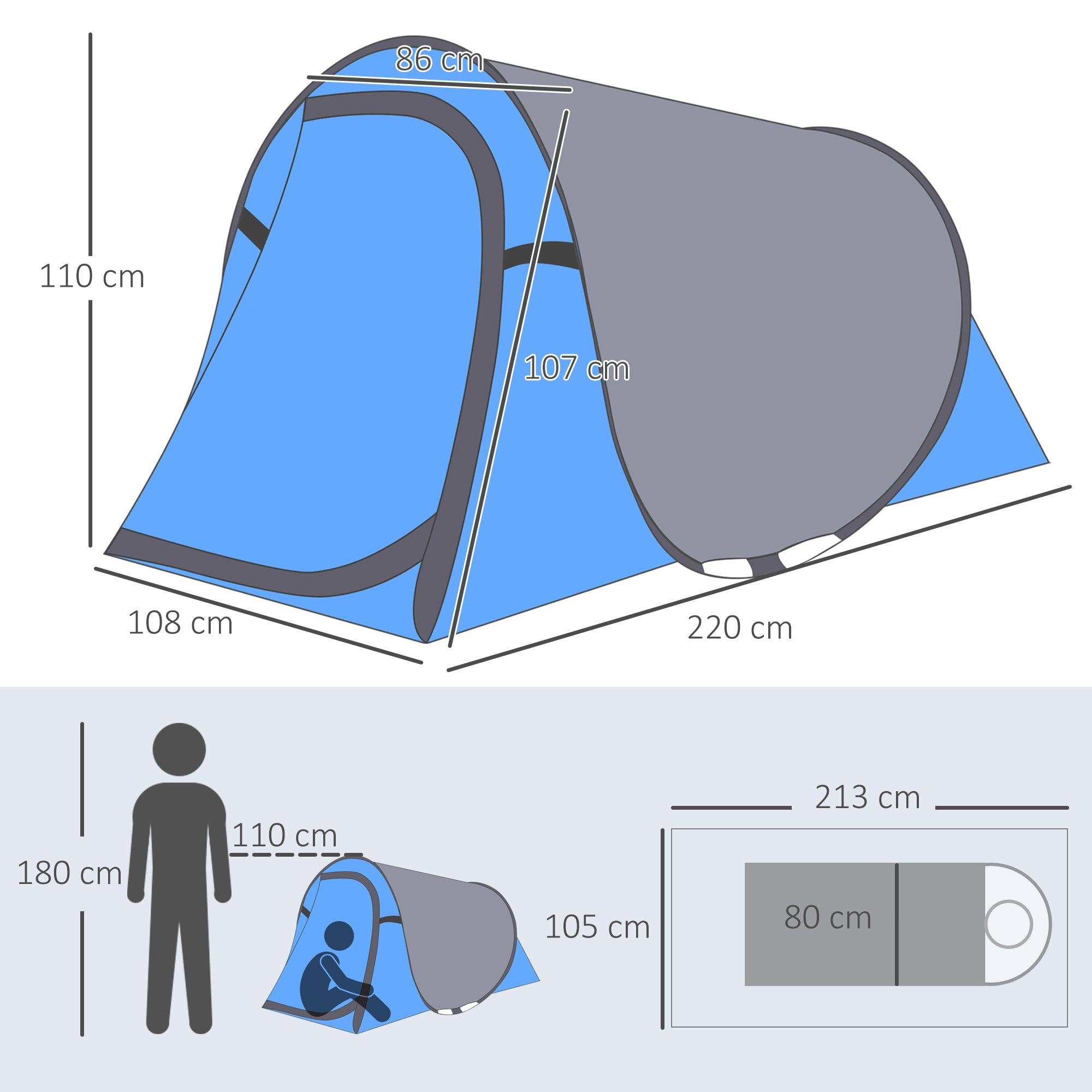 Instant Setup Pop-Up Tent - 2-Person Camping Tent - 1 Door + 2 Windows - Dim. 2.2L x 1.08W x 1.1H m - Fiberglass Polyester Blue Gray