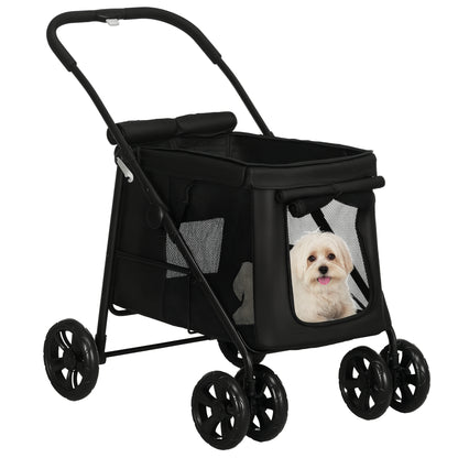 Dog Stroller, Foldable Dog Buggy, Dog Trolley with Cushion, Cat Stroller up to 20 kg, Cat Carriage for Small and Medium-Sized Dogs with Side Pockets, Mesh Window, Oxford Fabric, Black