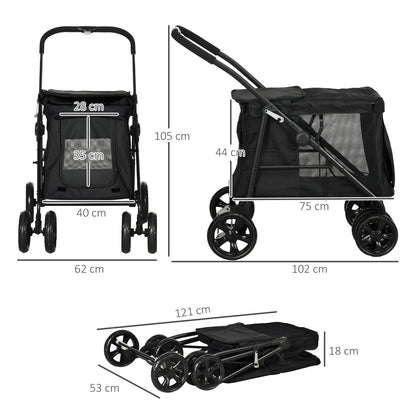 Dog Stroller, Foldable Dog Buggy, Dog Trolley with Cushion, Cat Stroller up to 20 kg, Cat Carriage for Small and Medium-Sized Dogs with Side Pockets, Mesh Window, Oxford Fabric, Black