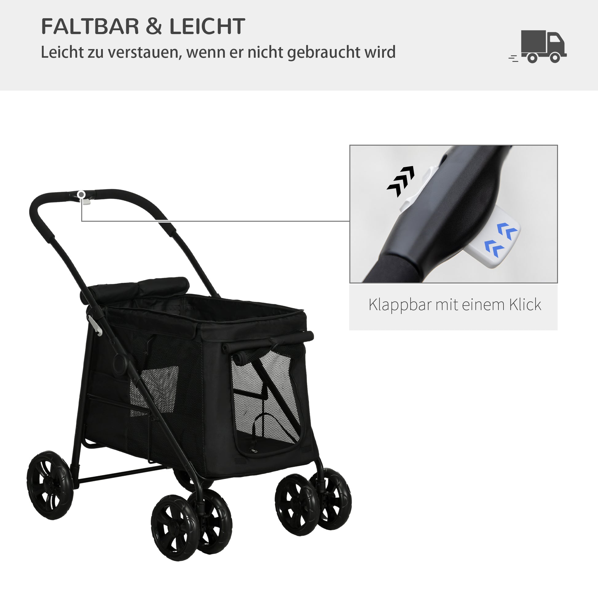 Dog Stroller, Foldable Dog Buggy, Dog Trolley with Cushion, Cat Stroller up to 20 kg, Cat Carriage for Small and Medium-Sized Dogs with Side Pockets, Mesh Window, Oxford Fabric, Black
