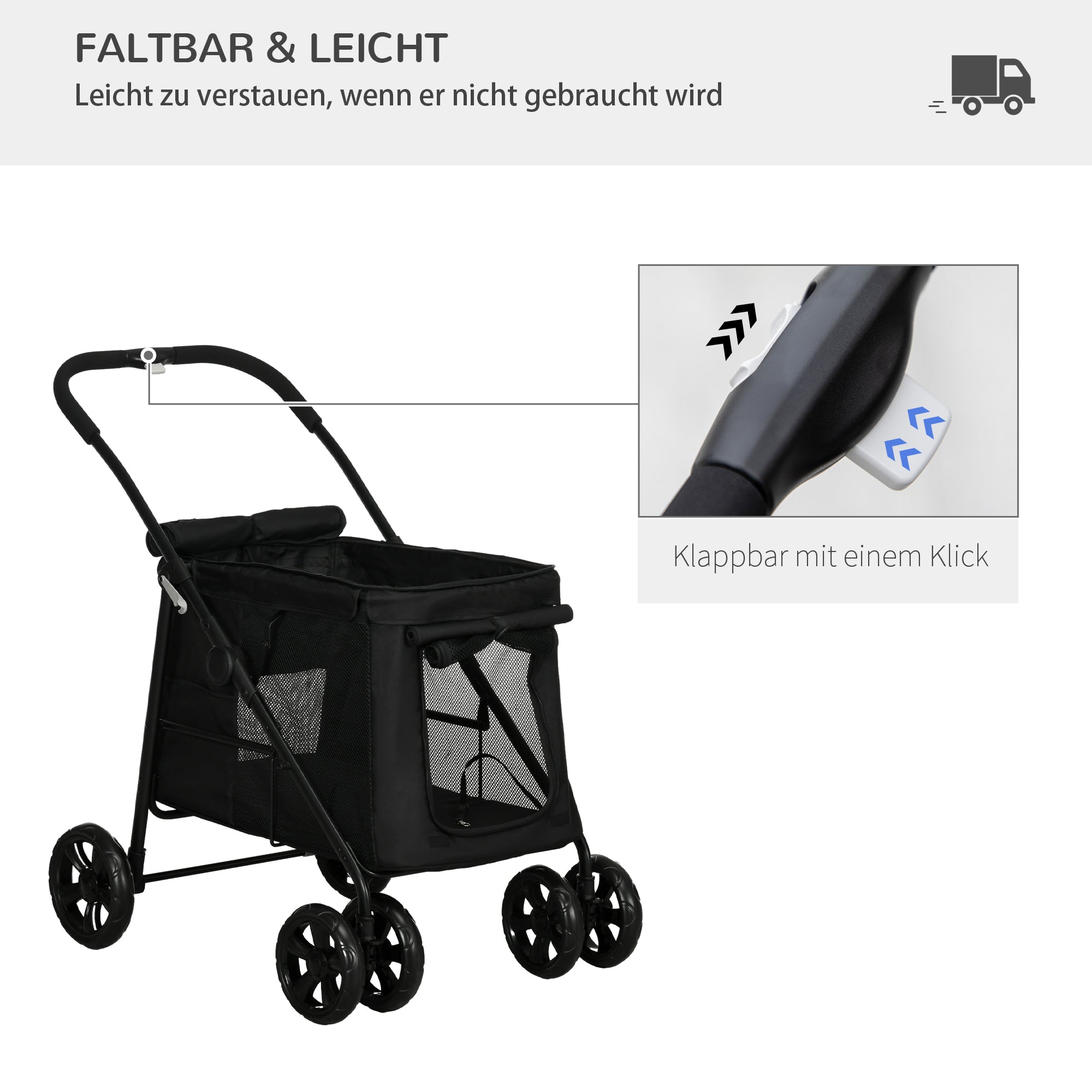 Dog Stroller, Foldable Dog Buggy, Dog Trolley with Cushion, Cat Stroller up to 20 kg, Cat Carriage for Small and Medium-Sized Dogs with Side Pockets, Mesh Window, Oxford Fabric, Black