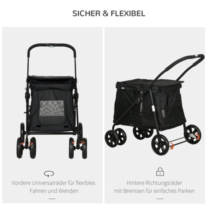 Dog Stroller, Foldable Dog Buggy, Dog Trolley with Cushion, Cat Stroller up to 20 kg, Cat Carriage for Small and Medium-Sized Dogs with Side Pockets, Mesh Window, Oxford Fabric, Black