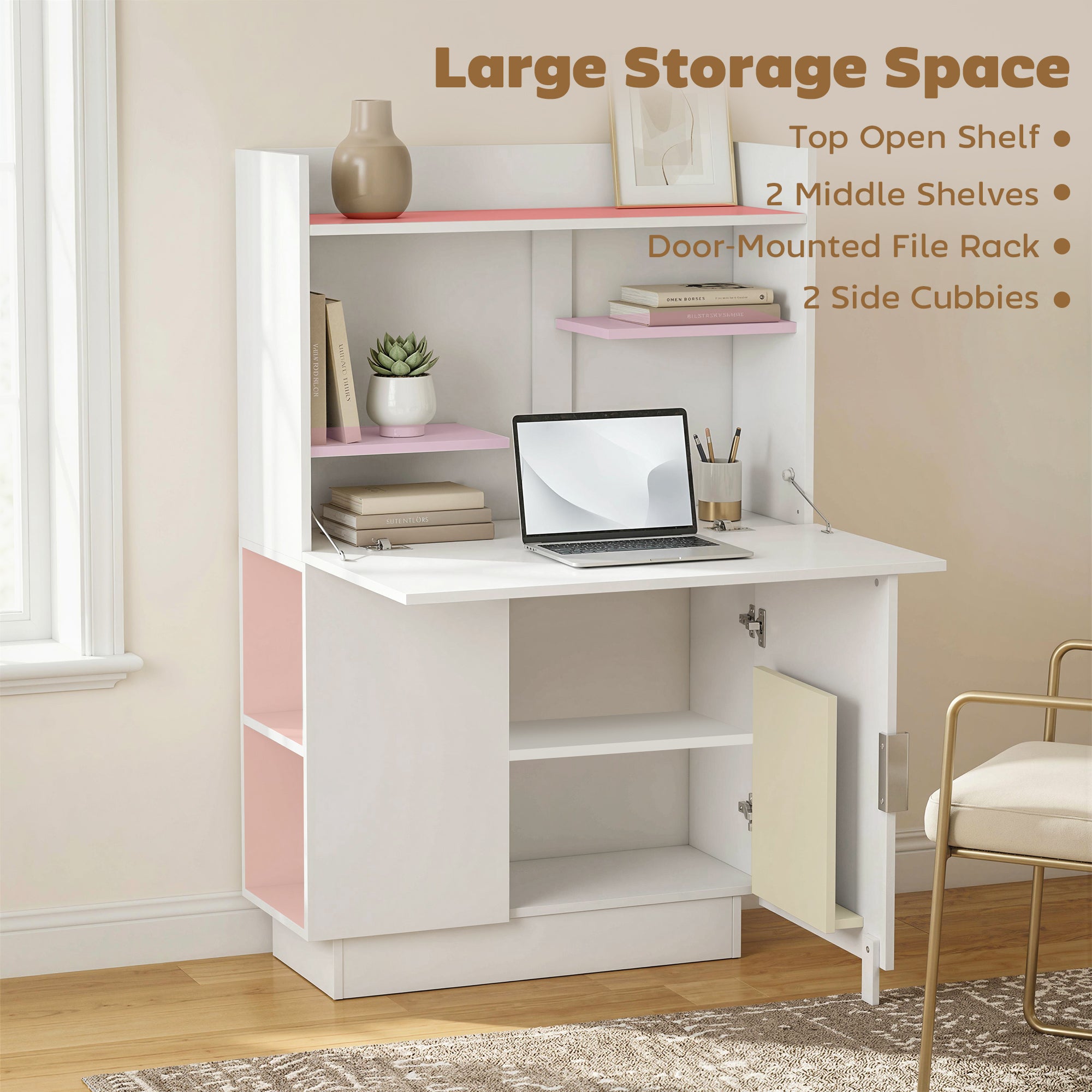 Folding Desk with Shelves & Cabinet, 31.5 x 11.8 x 50.4 in, Modern Home Office Table, White