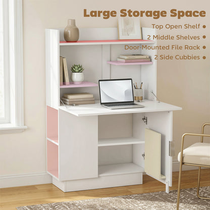 Folding Desk with Shelves & Cabinet, 31.5 x 11.8 x 50.4 in, Modern Home Office Table, White