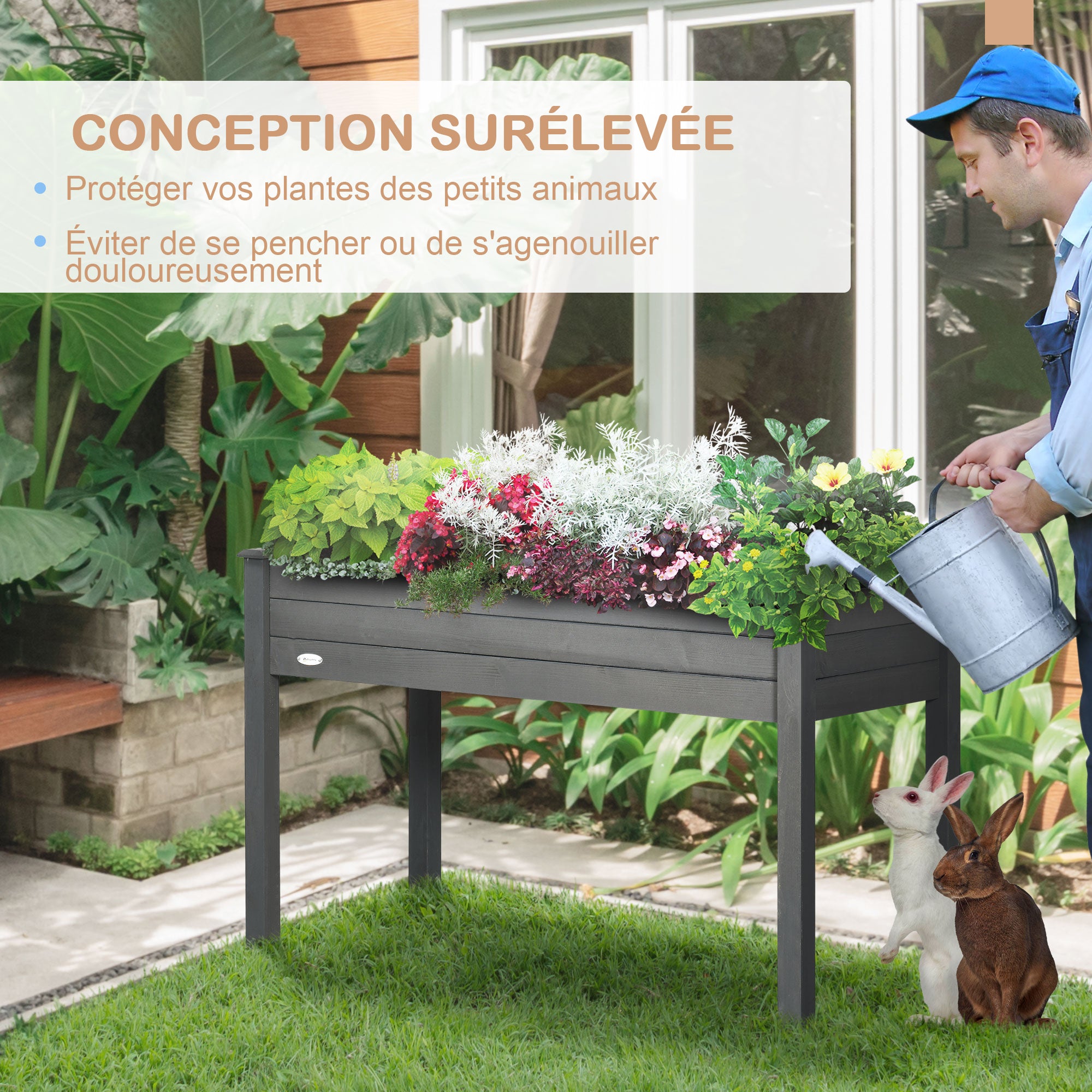 Raised Garden Planter dim. 123L x 57W x 76H cm Includes Irrigation Inserts + Drainage Felt Solid Fir Wood