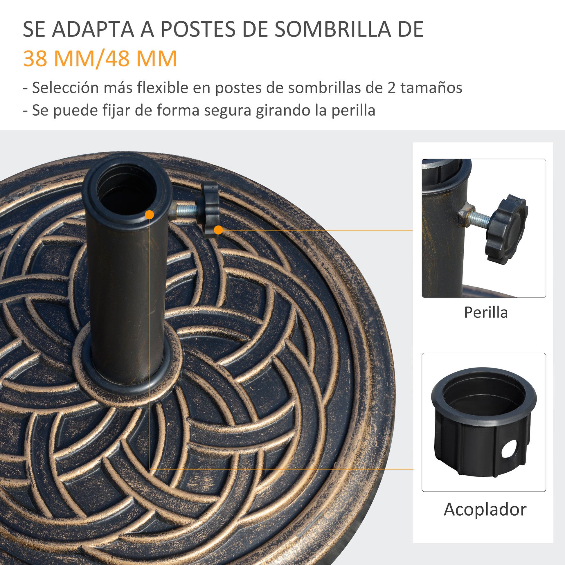 Garden Umbrella Base Net Weight 12 kg Round Parasol Stand Suitable for 38mm/48mm Poles Resin and Steel for Outdoor Terrace Patio Ø45x33 cm Bronze
