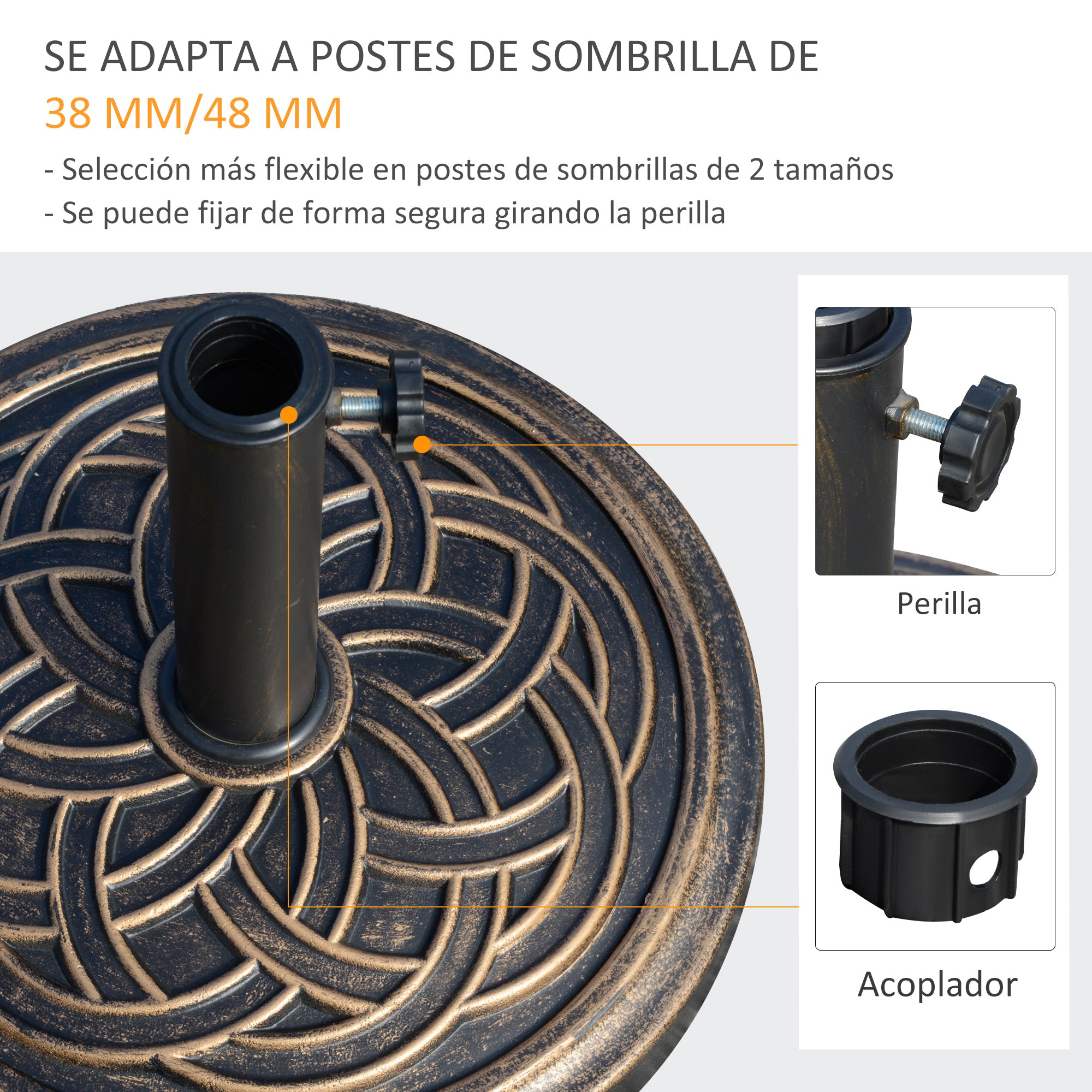Garden Umbrella Base Net Weight 12 kg Round Parasol Stand Suitable for 38mm/48mm Poles Resin and Steel for Outdoor Terrace Patio Ø45x33 cm Bronze