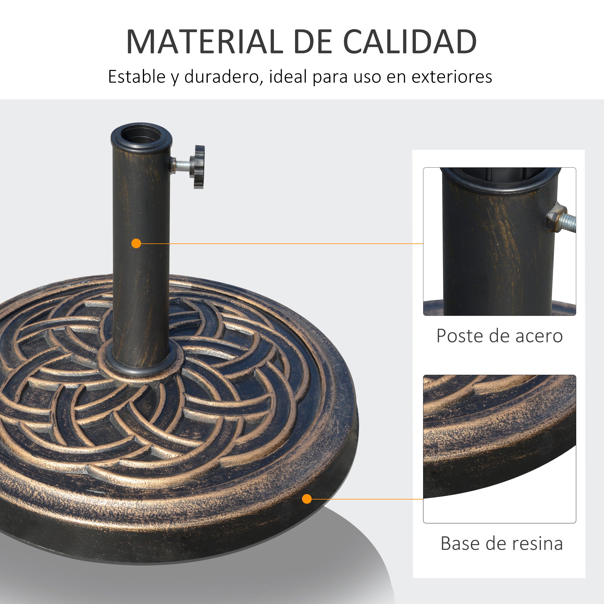 Garden Umbrella Base Net Weight 12 kg Round Parasol Stand Suitable for 38mm/48mm Poles Resin and Steel for Outdoor Terrace Patio Ø45x33 cm Bronze