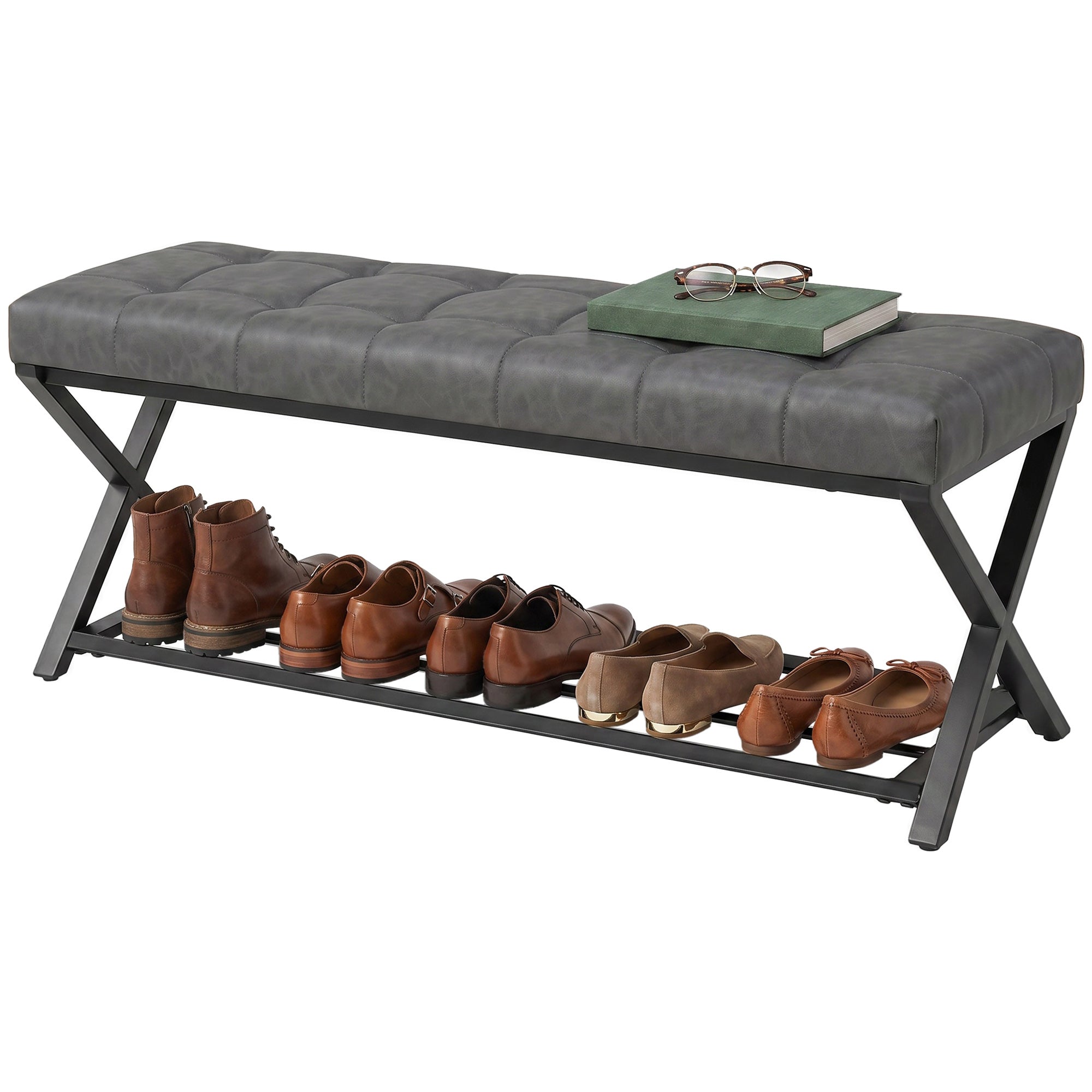 Padded Shoe Bench with Storage — Industrial X-Frame Steel, PU Leather, 485 lb Capacity, 44.1 x 14.6 x 18.5 in (112×37×47 cm), Dark Gray
