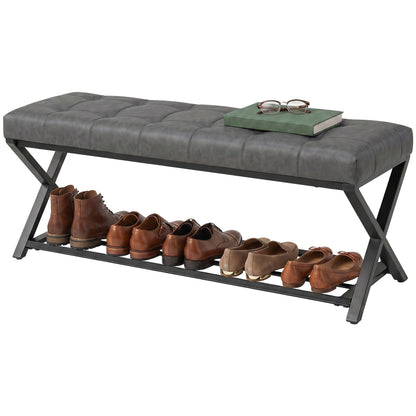 Padded Shoe Bench with Storage — Industrial X-Frame Steel, PU Leather, 485 lb Capacity, 44.1 x 14.6 x 18.5 in (112×37×47 cm), Dark Gray