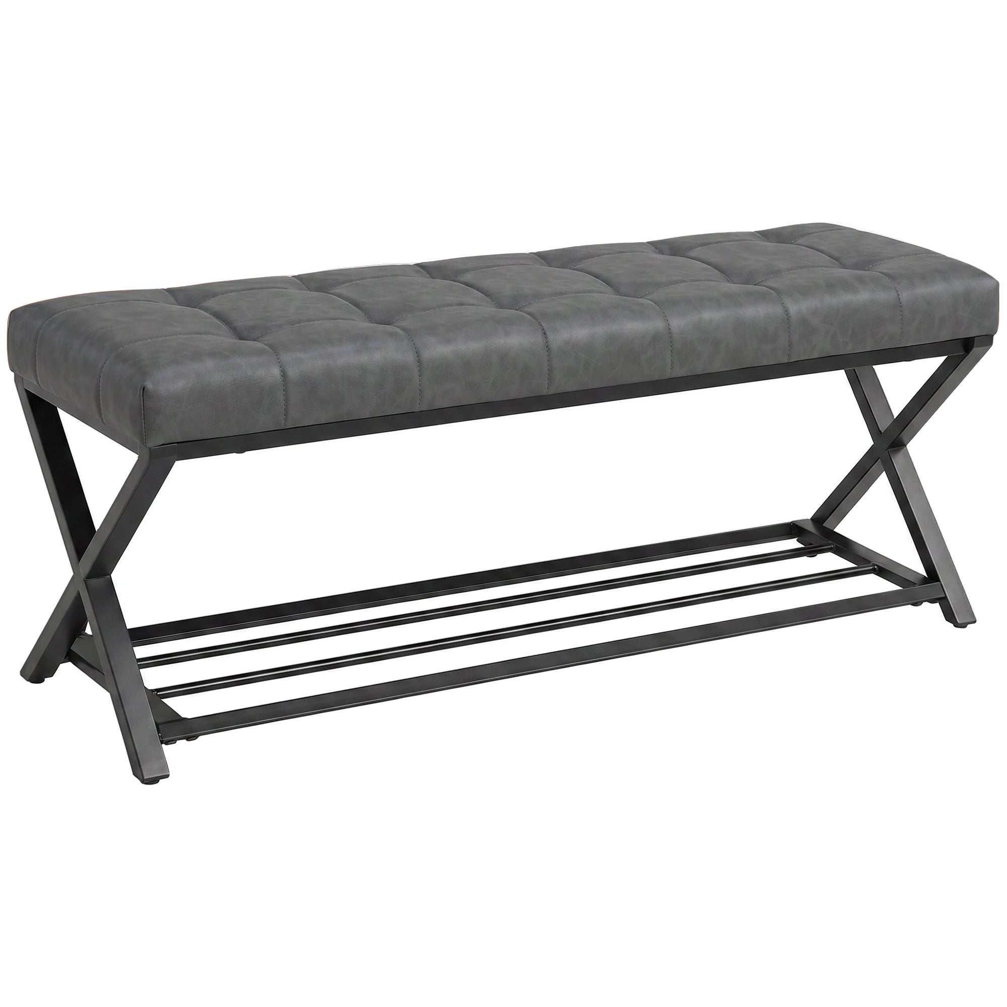 Padded Shoe Bench with Storage — Industrial X-Frame Steel, PU Leather, 485 lb Capacity, 44.1 x 14.6 x 18.5 in (112×37×47 cm), Dark Gray