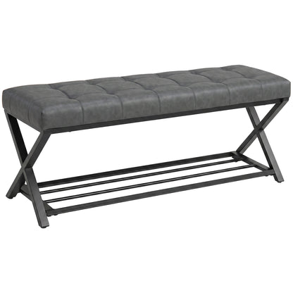 Padded Shoe Bench with Storage — Industrial X-Frame Steel, PU Leather, 485 lb Capacity, 44.1 x 14.6 x 18.5 in (112×37×47 cm), Dark Gray