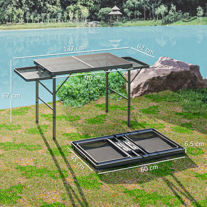 Folding Camping Table Aluminum 137x62x67 cm with Folding Sides and Adjustable Height Portable Lightweight Camping Table with Metal Grid Countertop for Camping Hiking Beach Black