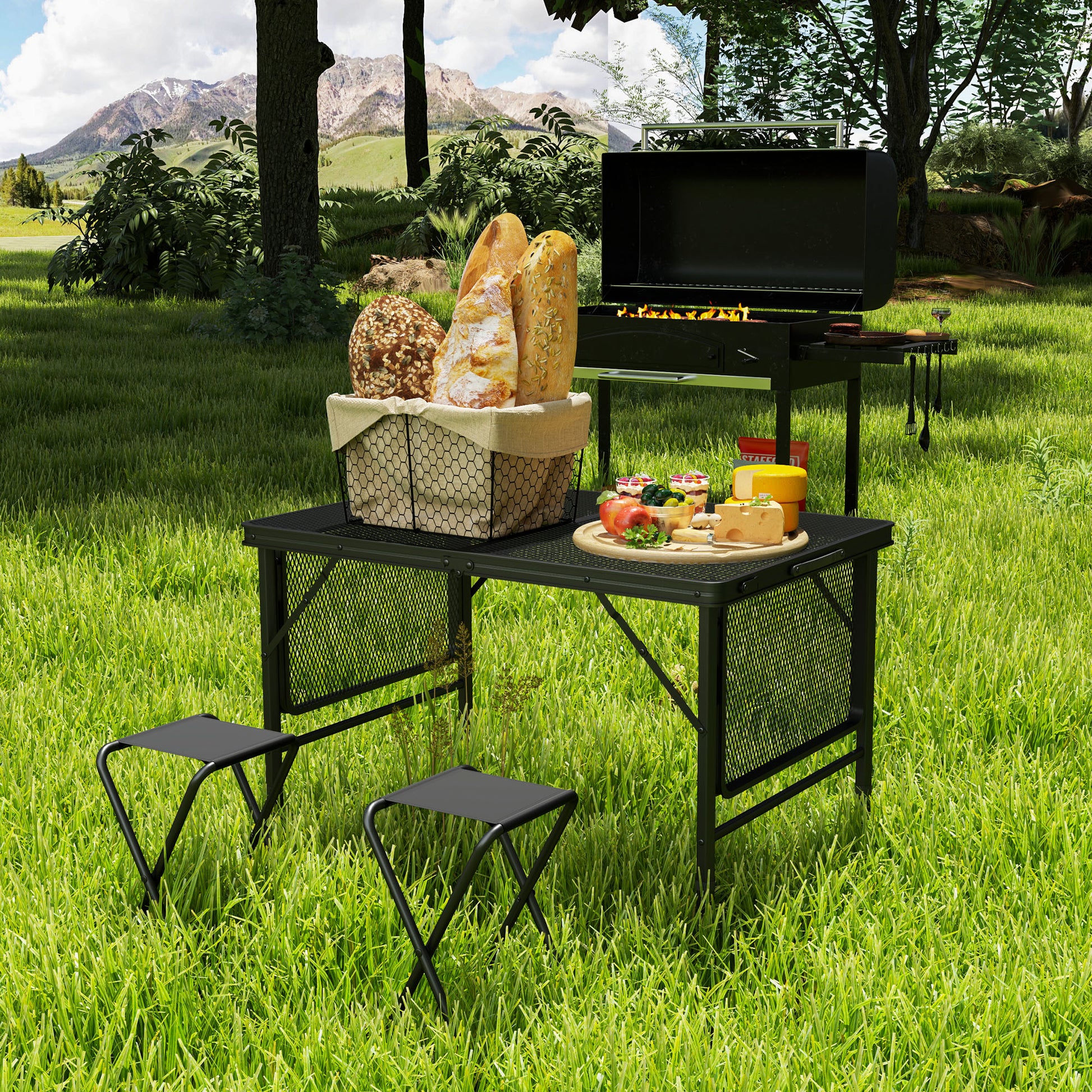 Folding Camping Table Aluminum 137x62x67 cm with Folding Sides and Adjustable Height Portable Lightweight Camping Table with Metal Grid Countertop for Camping Hiking Beach Black
