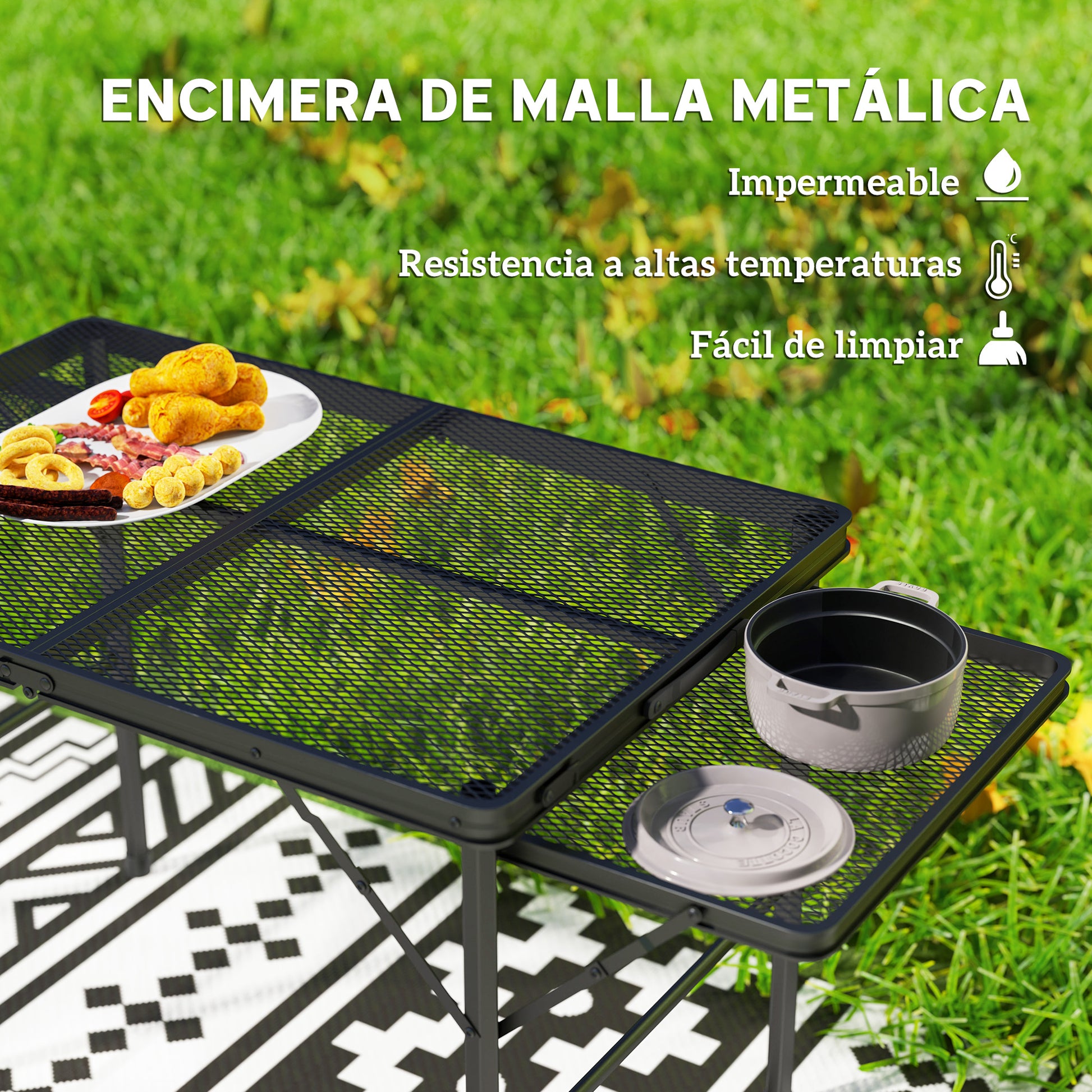Folding Camping Table Aluminum 137x62x67 cm with Folding Sides and Adjustable Height Portable Lightweight Camping Table with Metal Grid Countertop for Camping Hiking Beach Black