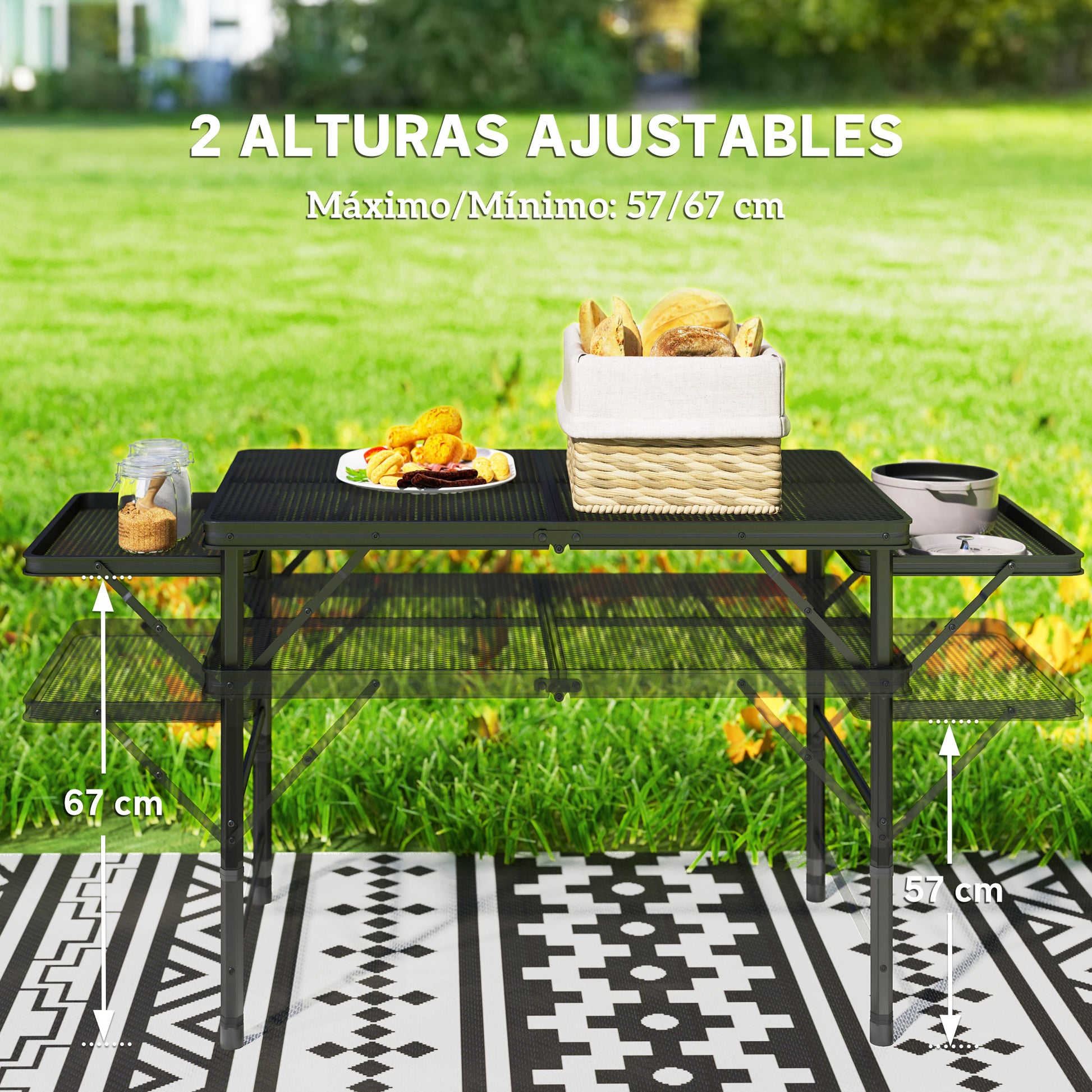 Folding Camping Table Aluminum 137x62x67 cm with Folding Sides and Adjustable Height Portable Lightweight Camping Table with Metal Grid Countertop for Camping Hiking Beach Black