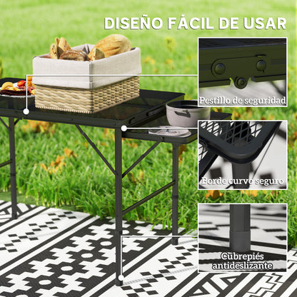 Folding Camping Table Aluminum 137x62x67 cm with Folding Sides and Adjustable Height Portable Lightweight Camping Table with Metal Grid Countertop for Camping Hiking Beach Black