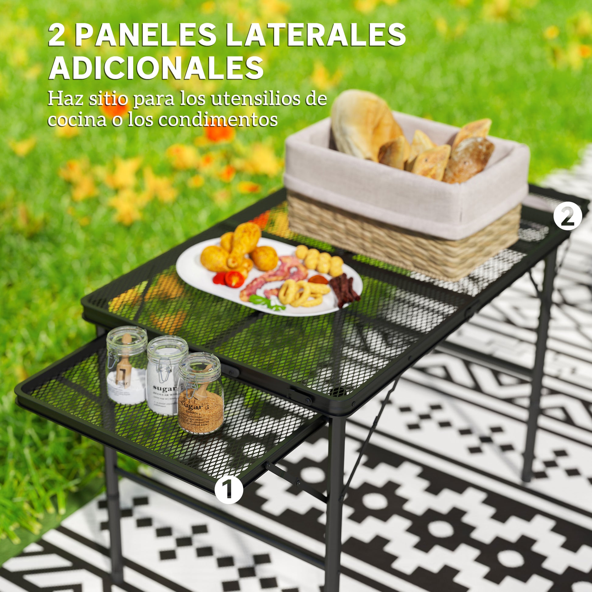 Folding Camping Table Aluminum 137x62x67 cm with Folding Sides and Adjustable Height Portable Lightweight Camping Table with Metal Grid Countertop for Camping Hiking Beach Black