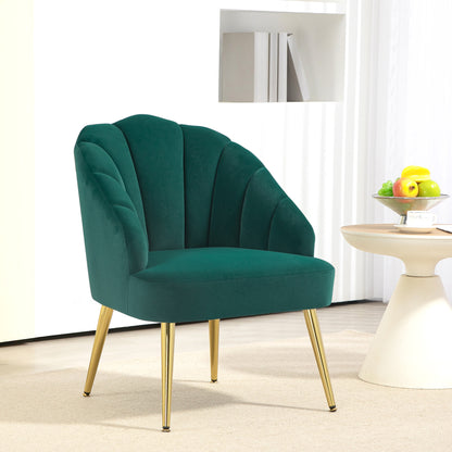 Shell Back Upholstered Chair, Bedroom and Living Room Velvet Armchair with Gold Legs, for Bedroom and Living Room, Green