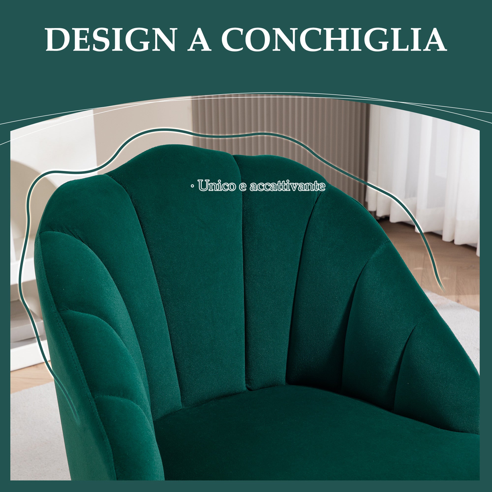 Shell Back Upholstered Chair, Bedroom and Living Room Velvet Armchair with Gold Legs, for Bedroom and Living Room, Green